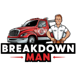 A logo featuring a breakdown truck and a man wearing a white shirt and the words Breakdown Man.