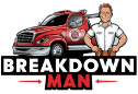 A logo featuring a breakdown truck and a man wearing a white shirt and the words Breakdown Man.