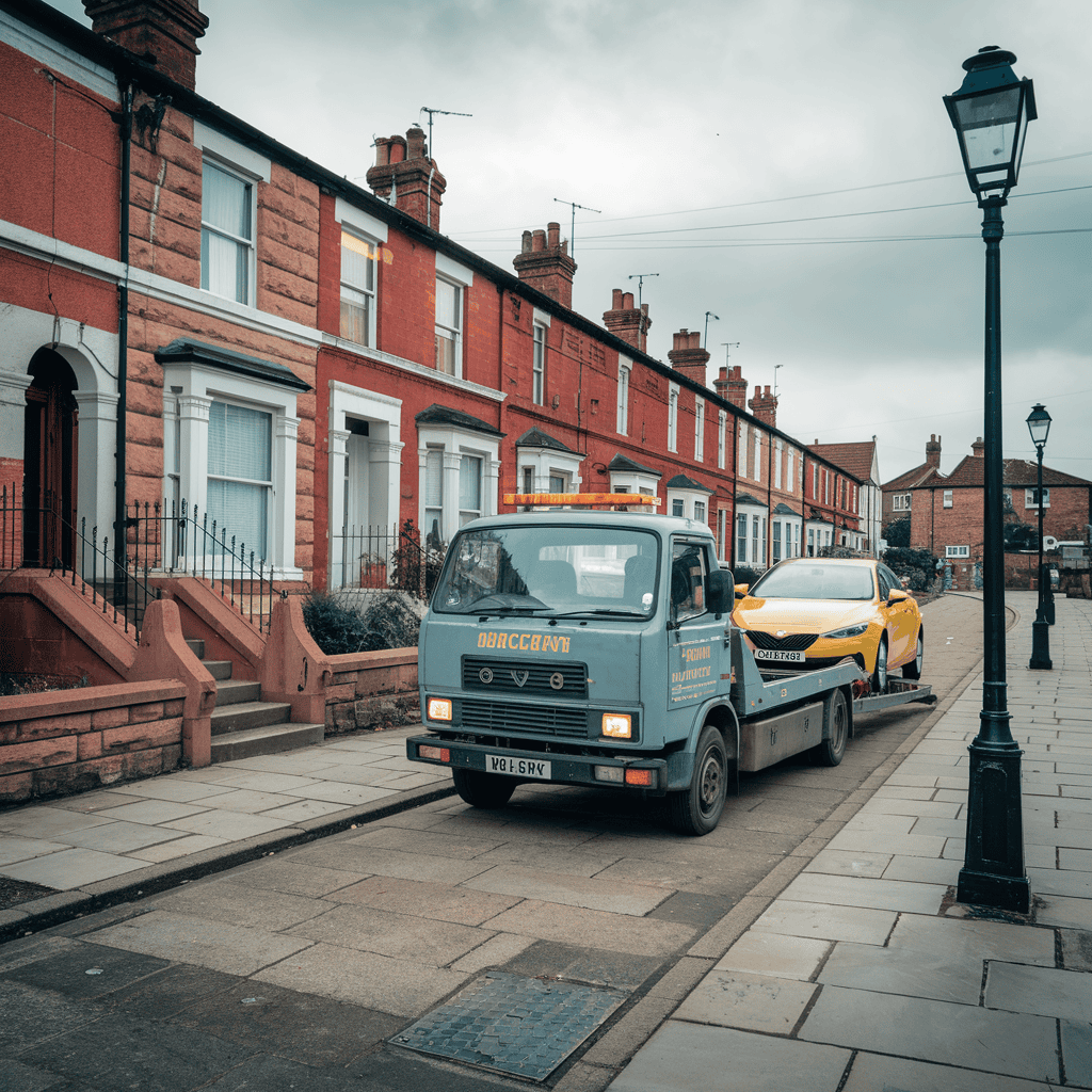 A british tow truck in a town.