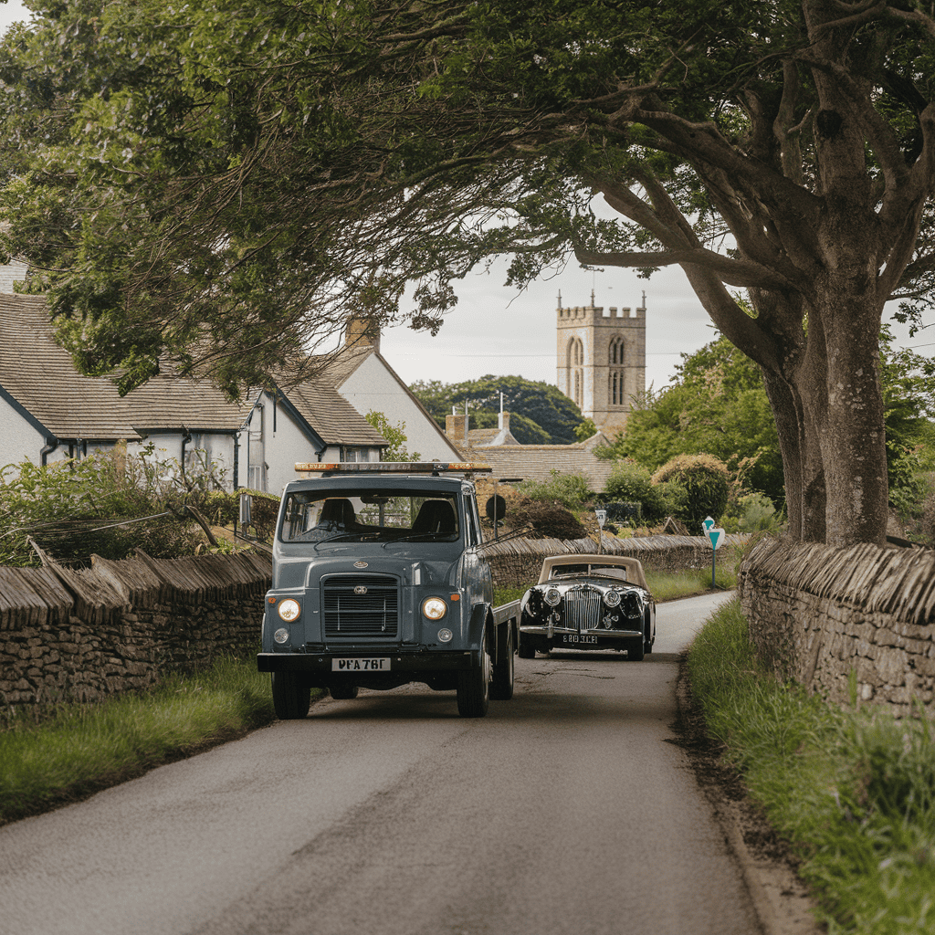 A british tow truck in a town.
