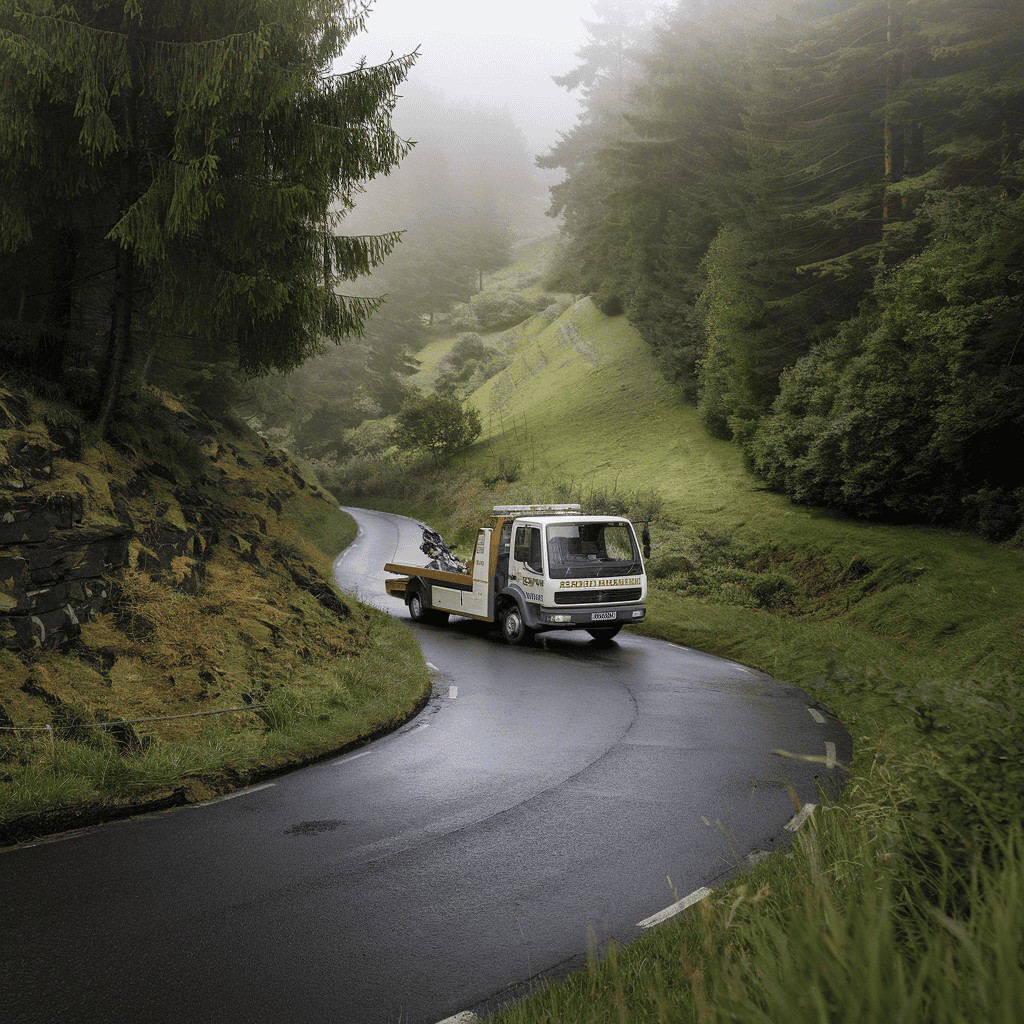 A british tow truck in a town.