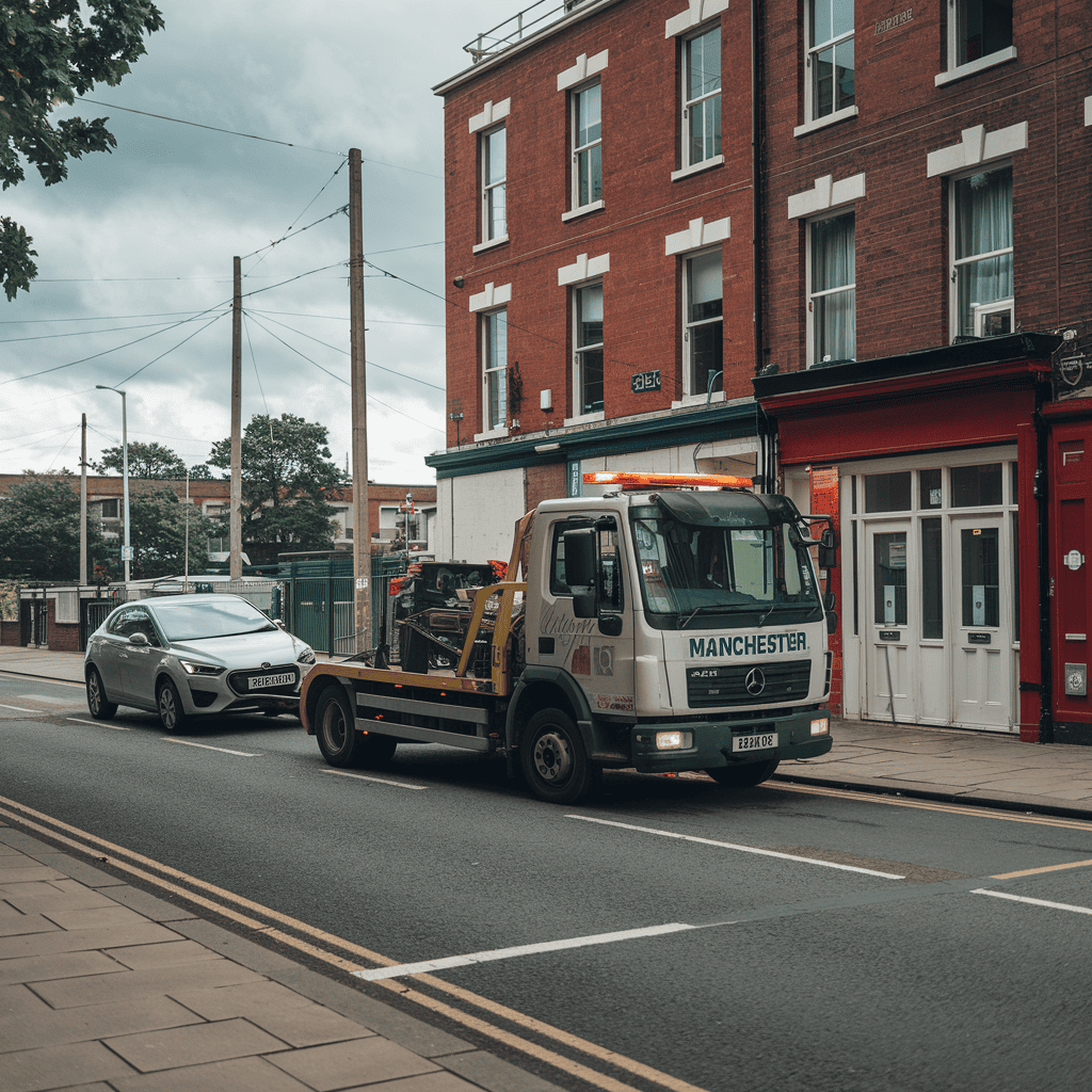 A british tow truck in a town.