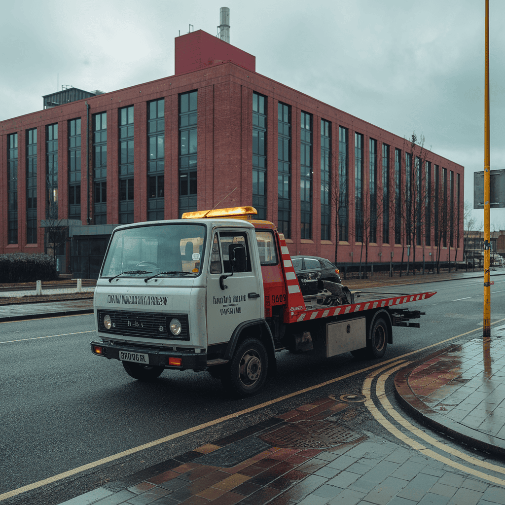 A british tow truck in a town.