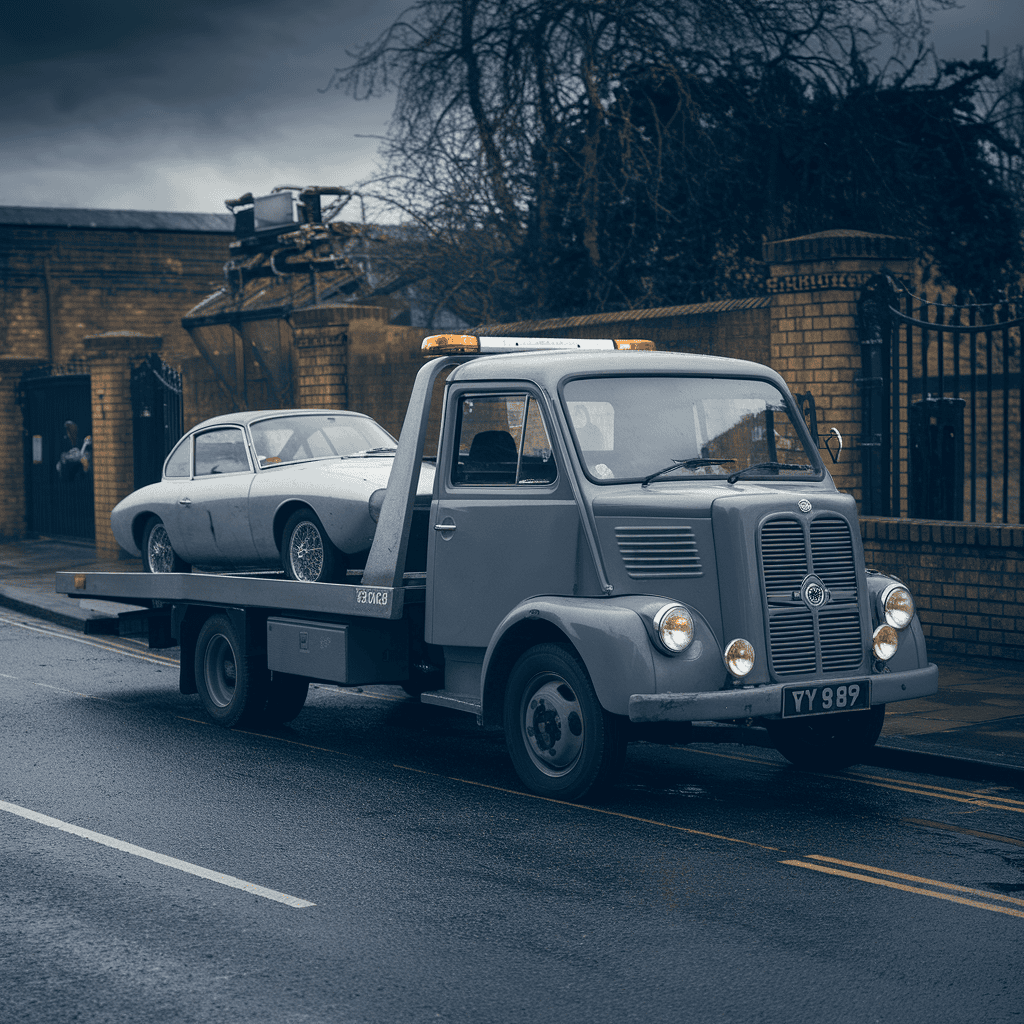 A british tow truck in a town.