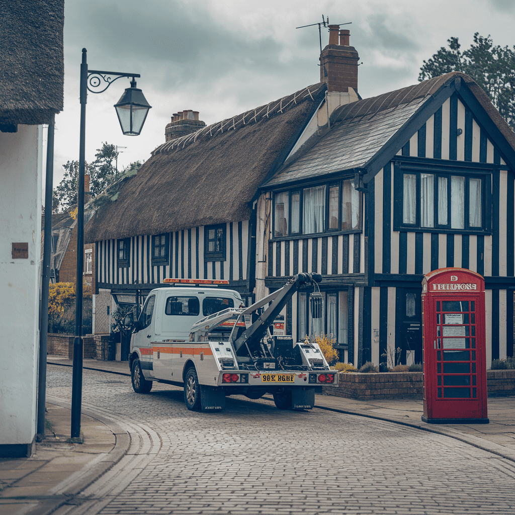 A british tow truck in a town.