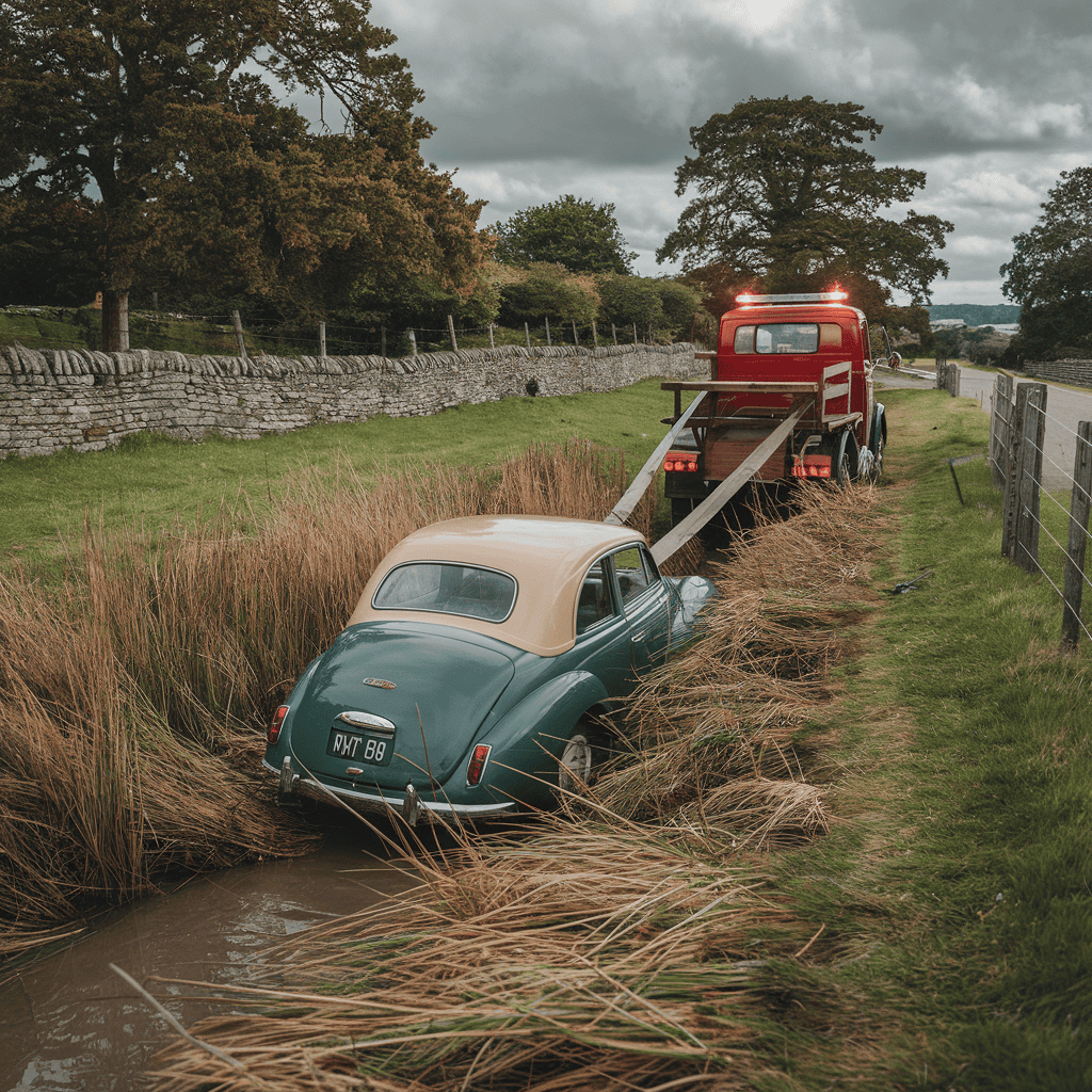 A british tow truck in a town.