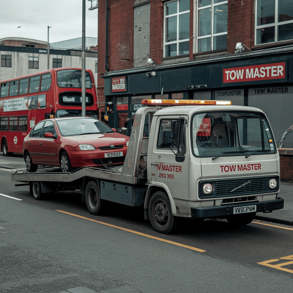 A british tow truck in a town.