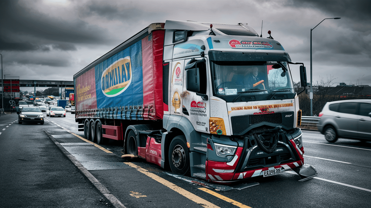 A HGV broken down on the hard shoulder of a motorway.