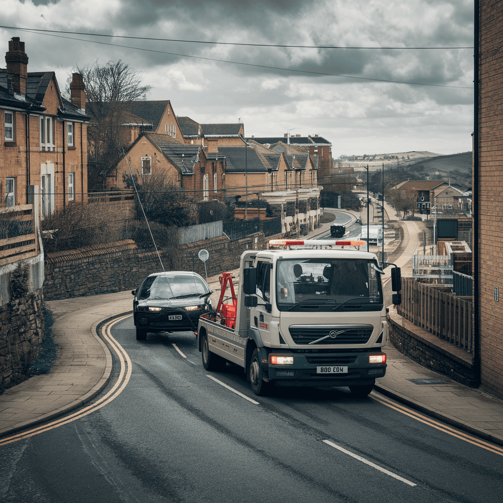 A british tow truck in a town.