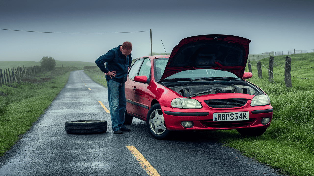 A broken down vehicle with a flat tyre.
