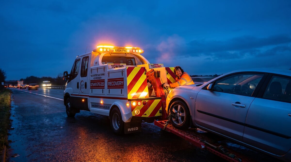 Iveco NX64 PNE recovery truck winching a silver hatchback onto the flatbed at dusk on a rain-soaked motorway, hazard lights on.