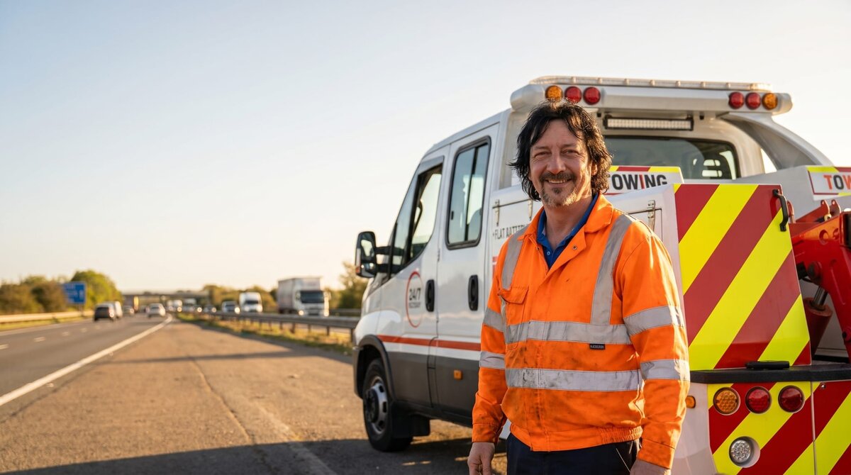 Breakdown Man recovery operator in orange high-visibility jacket smiling beside a white Iveco 24/7 Recovery flatbed truck on the A580 hard shoulder under a clear golden-hour sky.
