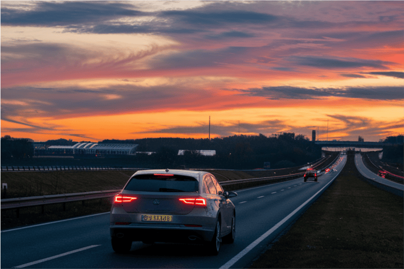 A car drives into a golden sunset.